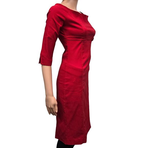 ZARA Red Dress Women M Empire Waist w Belt Buckle On Off Shoulder 3/4 Sleeve - Picture 10 of 13